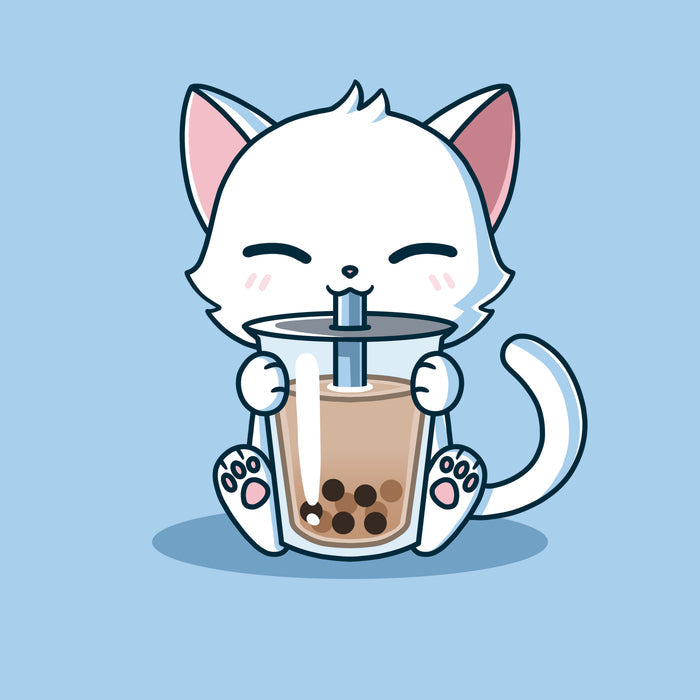 Premium Cotton T-shirt_TeeTurtle Boba Cat light blue t-shirt featuring a white cat contently sipping a brown boba drink.