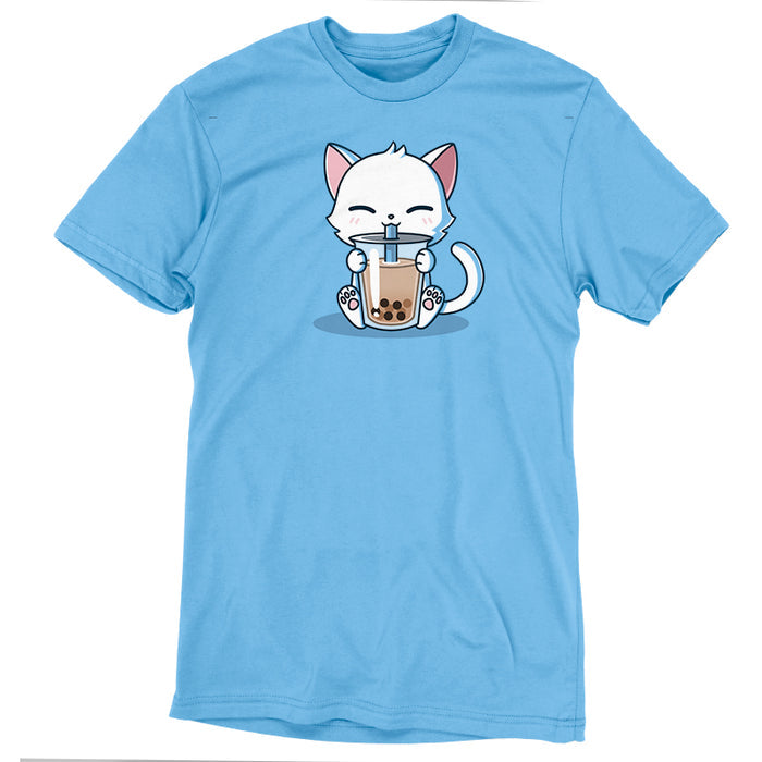 Premium Cotton T-shirt_TeeTurtle Boba Cat light blue t-shirt featuring a white cat contently sipping a brown boba drink.