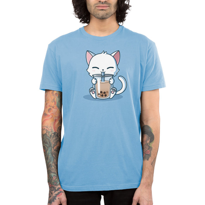 Premium Cotton T-shirt_TeeTurtle Boba Cat light blue t-shirt featuring a white cat contently sipping a brown boba drink.