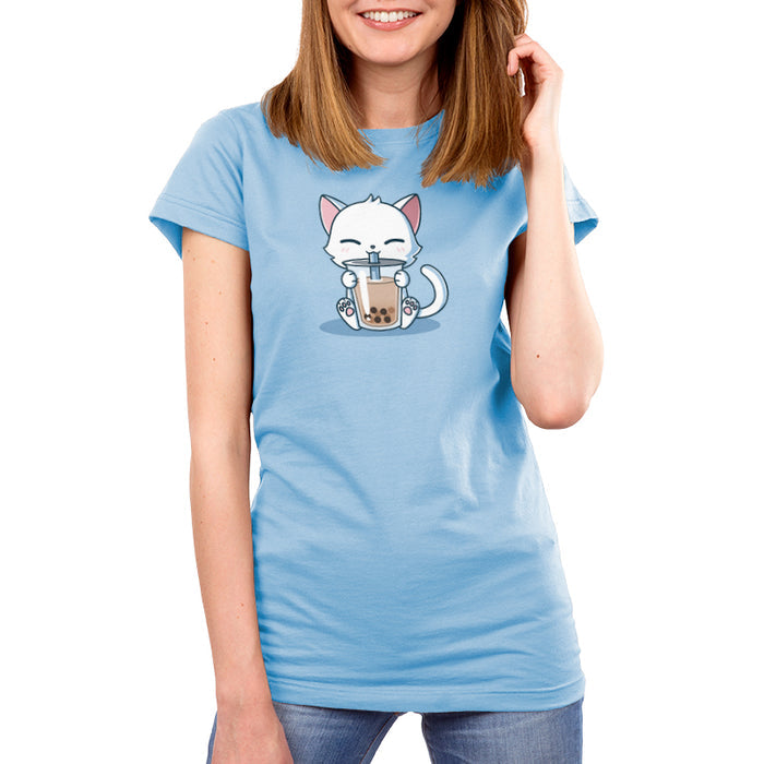 Premium Cotton T-shirt_TeeTurtle Boba Cat light blue t-shirt featuring a white cat contently sipping a brown boba drink.