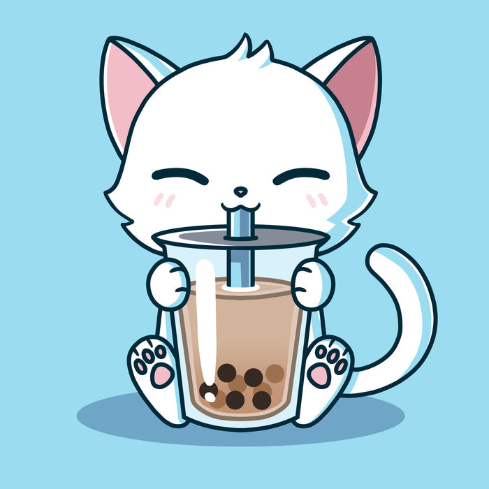 Classic Cotton T-shirt_TeeTurtle Boba Cat light blue t-shirt featuring a white cat contently sipping a brown boba drink.