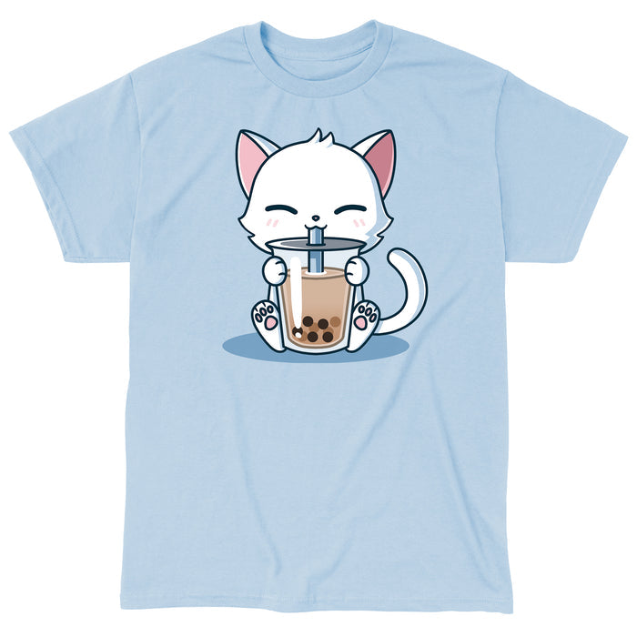 Classic Cotton T-shirt_TeeTurtle Boba Cat light blue t-shirt featuring a white cat contently sipping a brown boba drink.
