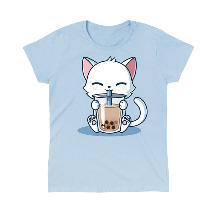 Classic Cotton T-shirt_TeeTurtle Boba Cat light blue t-shirt featuring a white cat contently sipping a brown boba drink.