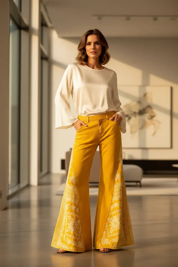 Back view of women's high waist bohemian wide leg pants