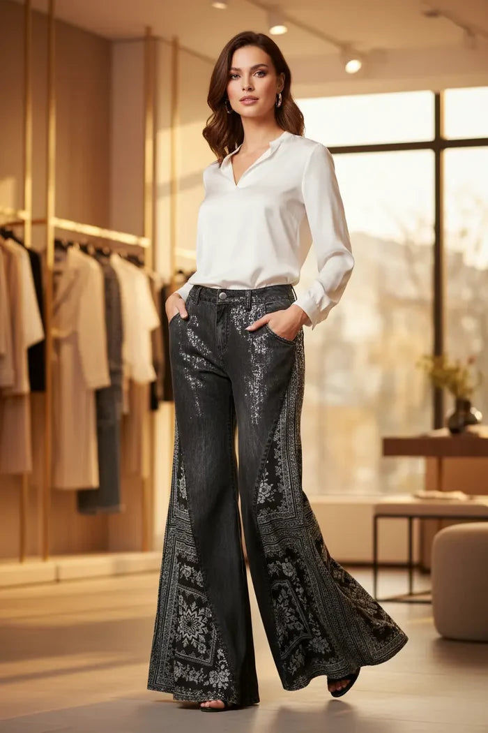 Women's boho wide leg pants paired with a casual top and sandals