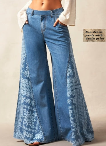 High waist bohemian wide leg pants shown in a standing pose