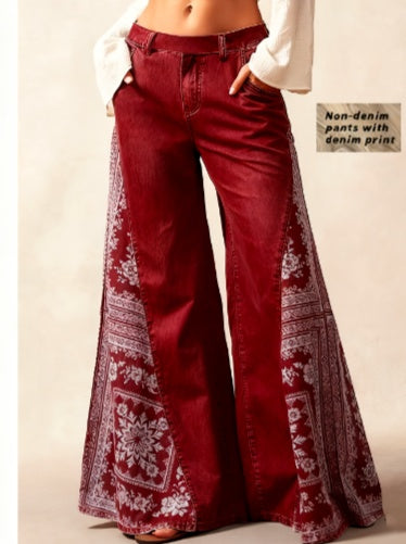 Side view of women's boho pants with wide leg cut