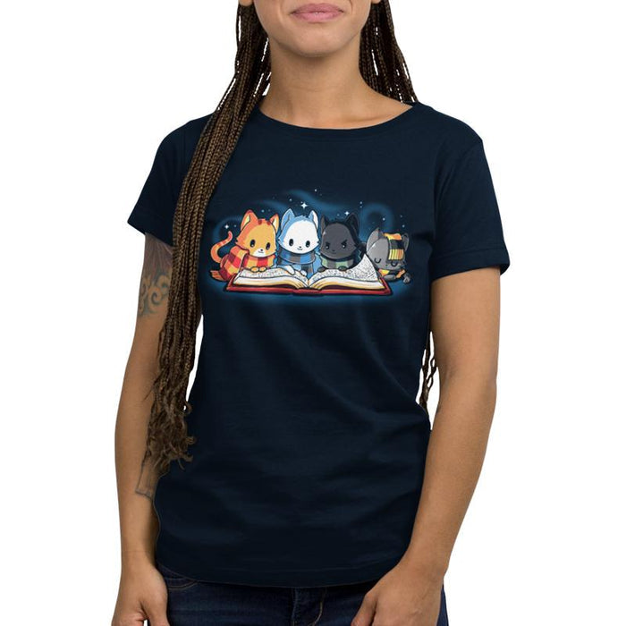 Premium Cotton T-shirt_TeeTurtle navy blue Books Are Magic. Featuring a cat with a red and yellow scarf, a cat with a blue and black scarf, a cat with a green and black scarf, and a cat with a yellow and black scarf reading the same book together.
