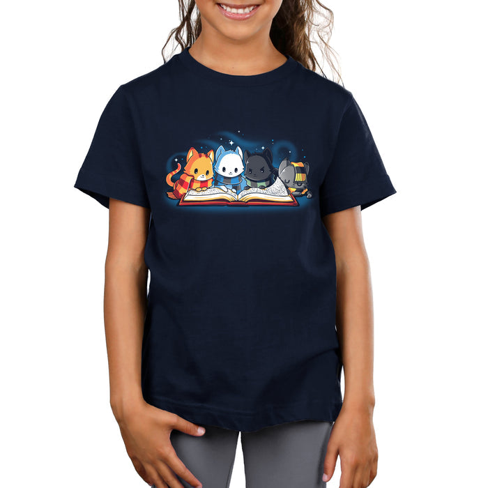 Premium Cotton T-shirt_TeeTurtle navy blue Books Are Magic. Featuring a cat with a red and yellow scarf, a cat with a blue and black scarf, a cat with a green and black scarf, and a cat with a yellow and black scarf reading the same book together.