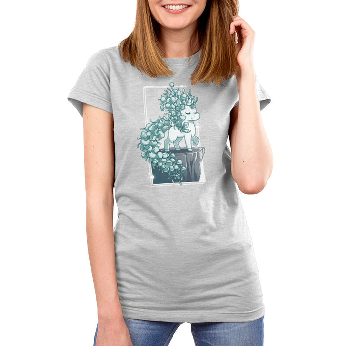 Premium Cotton T-shirt_TeeTurtle silver gray Botanicorn apparel featuring a magical unicorn with a mane and tail made out of the plant silver falls, or silver nickel vine, standing elegantly with a hoof raised on a cliff.