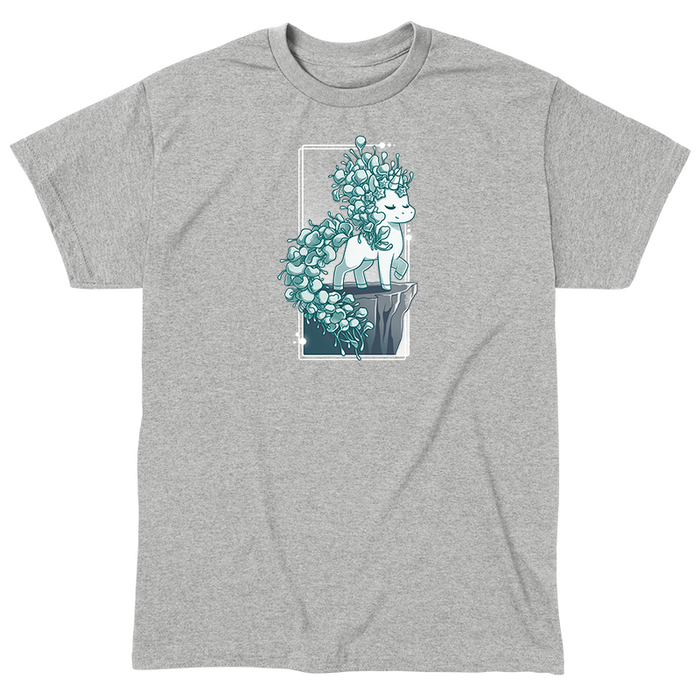 Classic Cotton T-shirt_TeeTurtle heather gray Botanicorn apparel featuring a magical unicorn with a mane and tail made out of the plant silver falls, or silver nickel vine, standing elegantly with a hoof raised on a cliff.