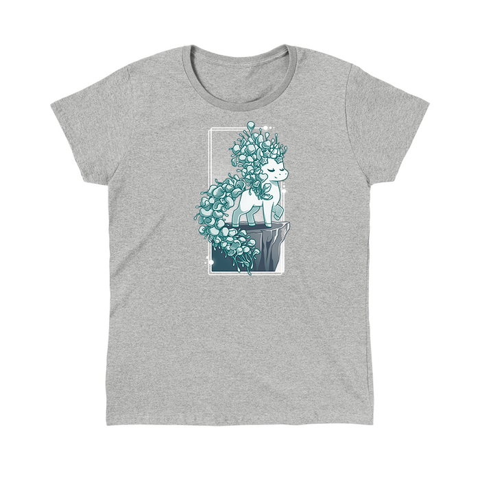Classic Cotton T-shirt_TeeTurtle heather gray Botanicorn apparel featuring a magical unicorn with a mane and tail made out of the plant silver falls, or silver nickel vine, standing elegantly with a hoof raised on a cliff.