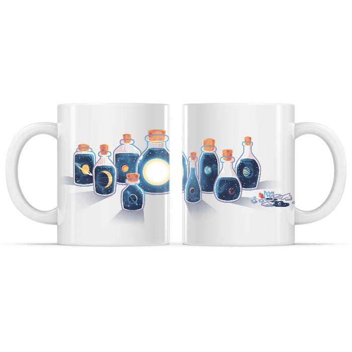 Ceramic Mug_TeeTurtle Bottled Solar System white mug featuring the solar system in various potion bottles.