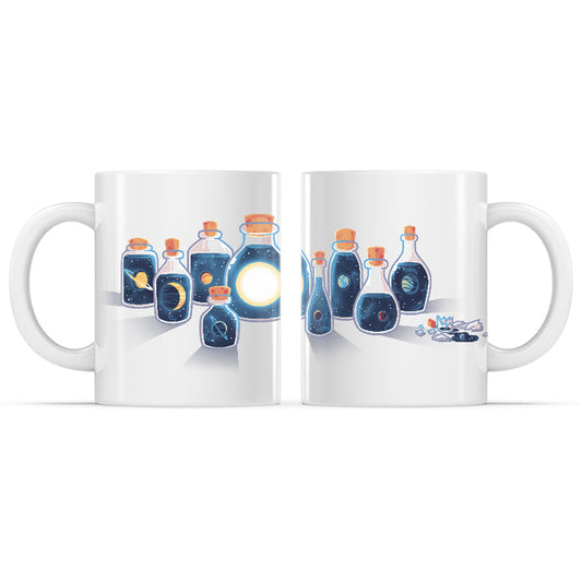 Ceramic Mug_TeeTurtle Bottled Solar System white mug featuring the solar system in various potion bottles.