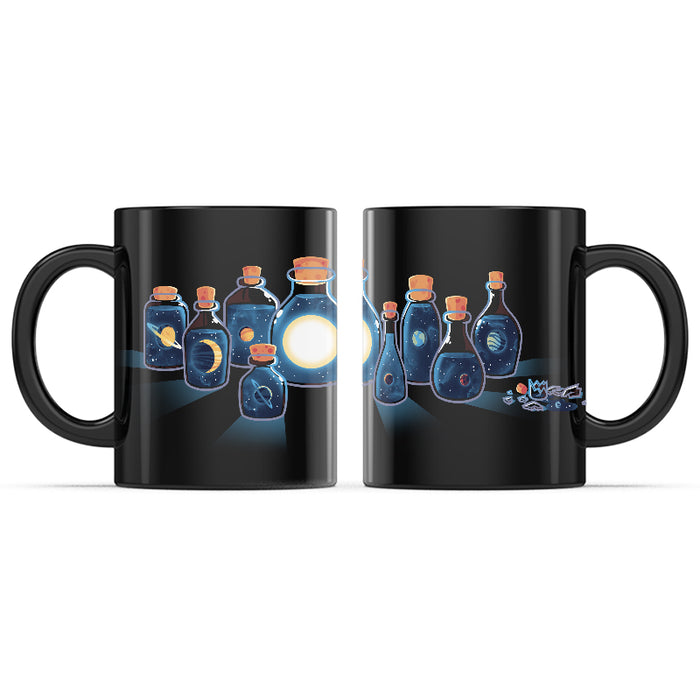 Ceramic Mug_TeeTurtle Bottled Solar System black mug featuring the solar system in various potion bottles.