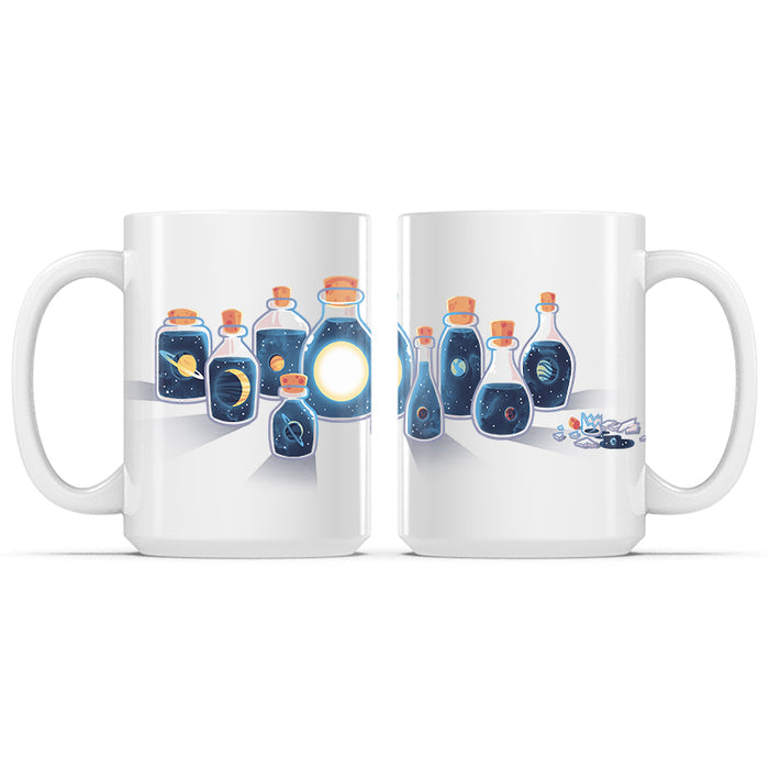 Ceramic Mug_TeeTurtle Bottled Solar System white mug featuring the solar system in various potion bottles.