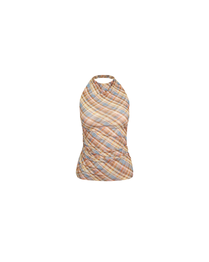 BOUNCE MESH HALTER TOP YELLOW TARTAN