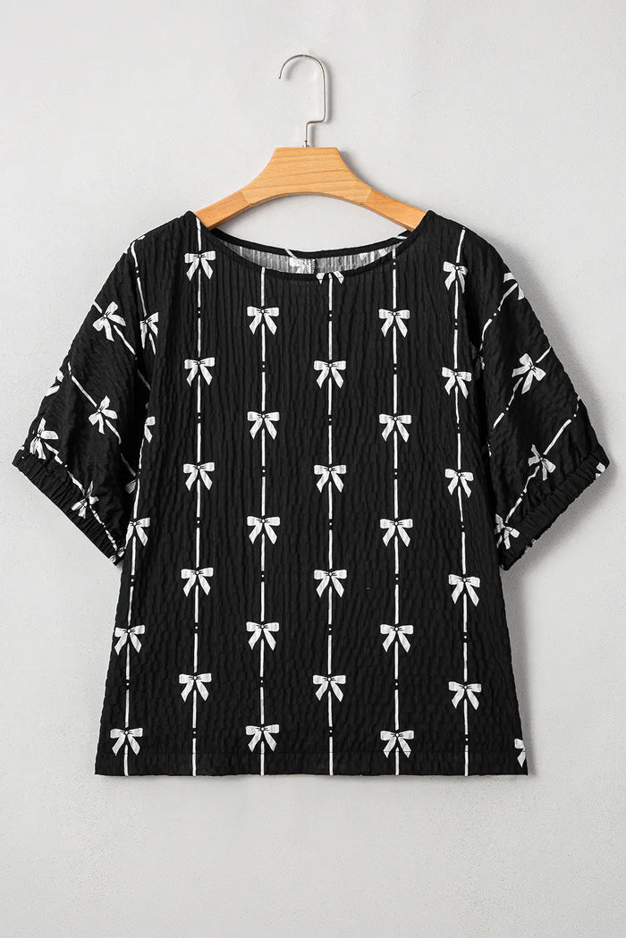 Black Bow Print Puff Short Sleeve Top - Tops/Blouses & Shirts