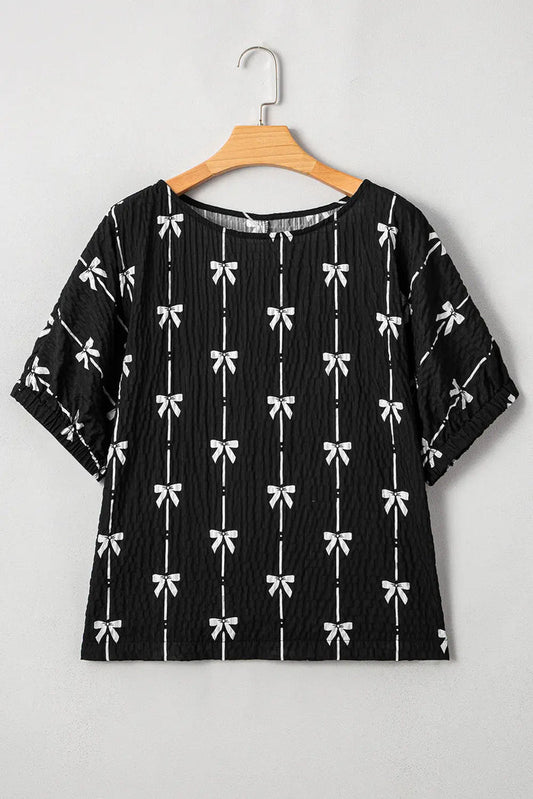 Black Bow Print Puff Short Sleeve Top - Tops/Blouses & Shirts