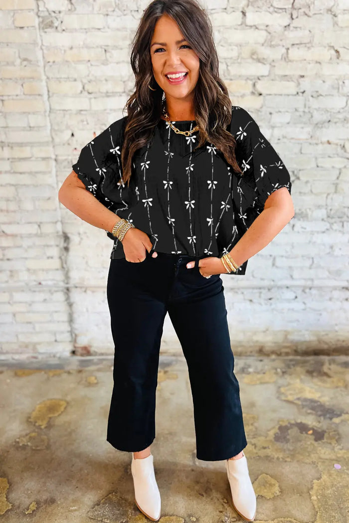 Black Bow Print Puff Short Sleeve Top - Tops/Blouses & Shirts
