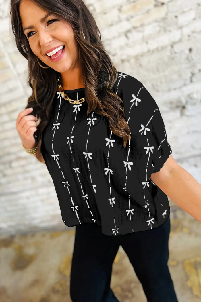 Black Bow Print Puff Short Sleeve Top - Tops/Blouses & Shirts