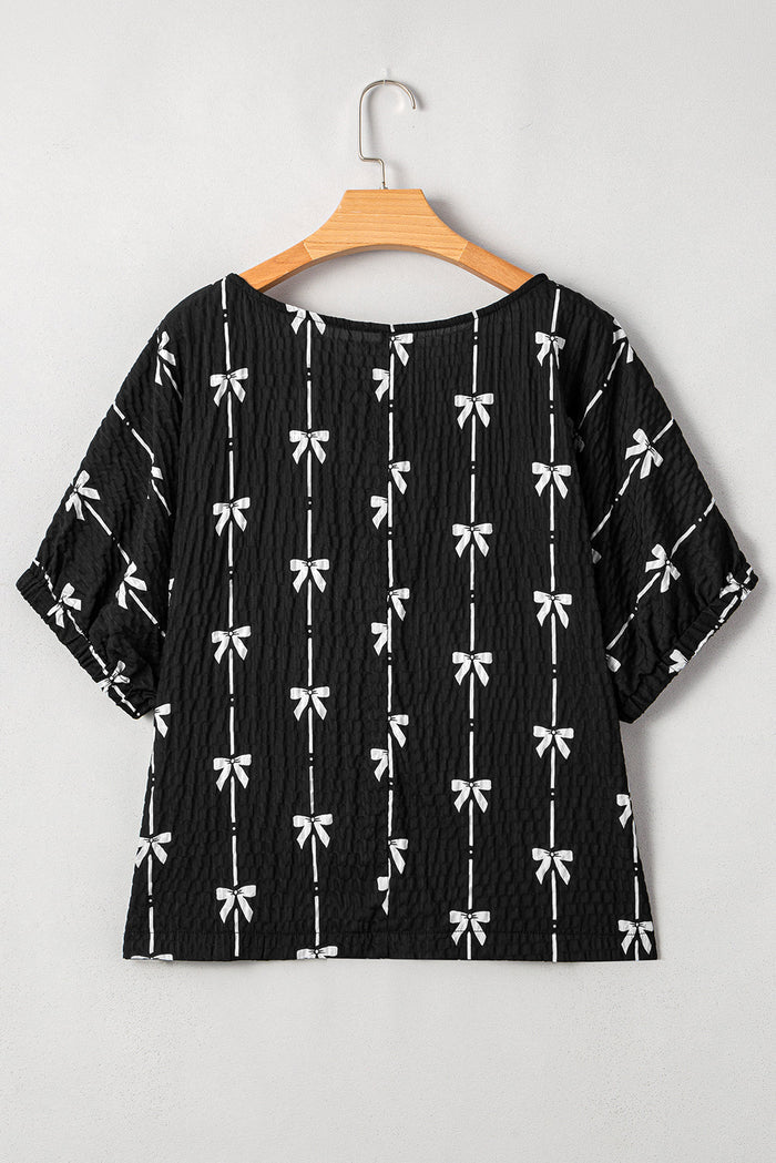 Black Bow Print Puff Short Sleeve Top - Tops/Blouses & Shirts