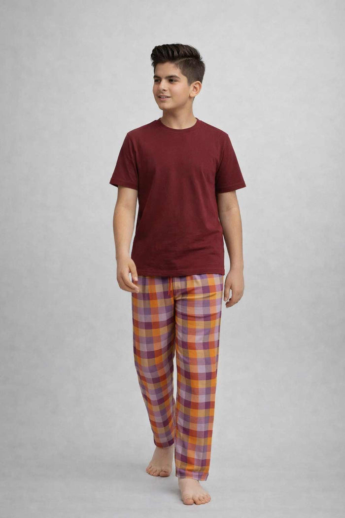 Boys Cotton Lounge Pajama Set (Maroon Multi check ) - Hinz Clothing