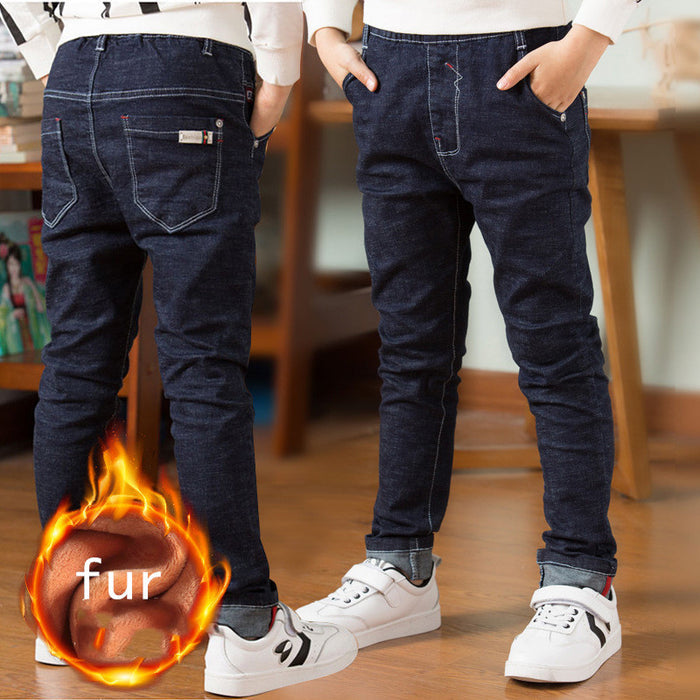 Fleece lined boys pants soft interior fabric visible at hem