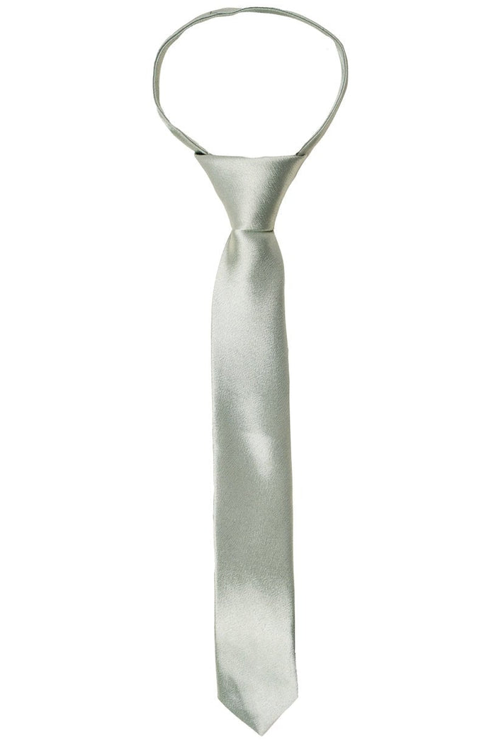 A silky, light gray “Boys Max Tie in Sage” by Ivy City Co, featuring a clip-on design with an adjustable loop, displayed against a white background—an ideal accessory for weddings.
