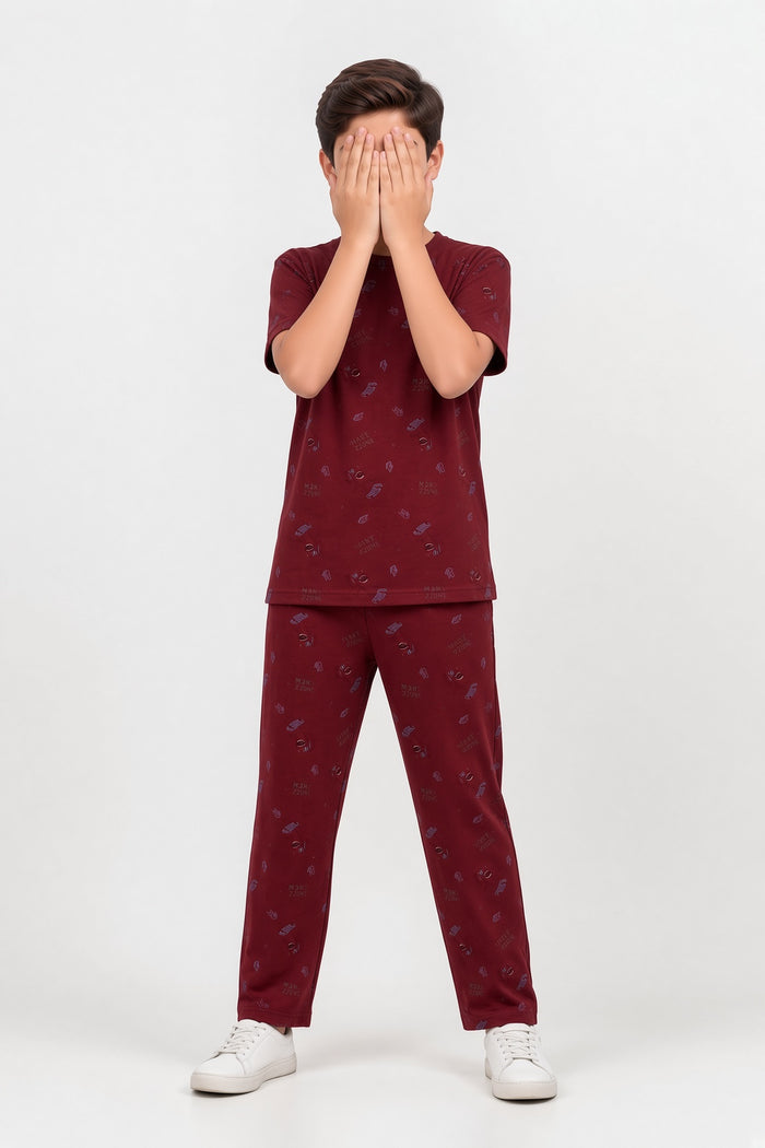 Boys Premium Maroon All-Over Skate Printed T-Shirt & Trouser Set