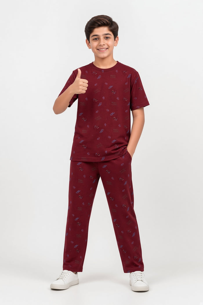 Boys Premium Maroon All-Over Skate Printed T-Shirt & Trouser Set - Hinz Clothing