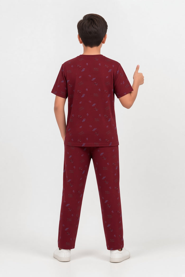 Boys Premium Maroon All-Over Skate Printed T-Shirt & Trouser Set - Hinz Clothing