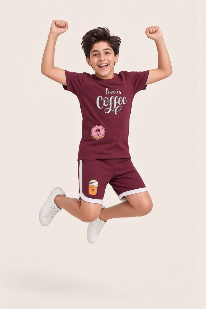 Boys Premium Maroon Printed Single Jersey Cotton T-Shirt & Shorts Set (Coffee)