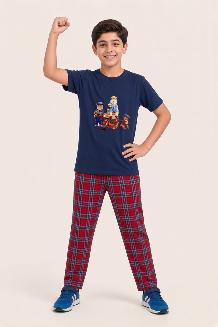 Boys Premium Navy Blue Printed  Cotton T-Shirt & Red Check Woven Cotton Trouser Set