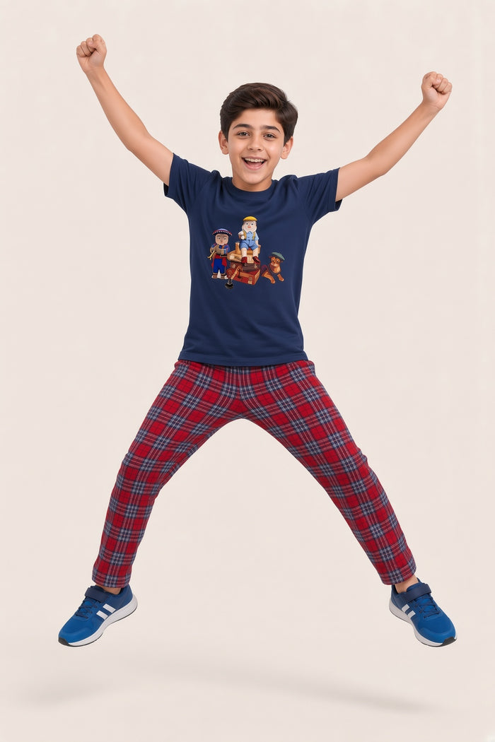 Boys Premium Navy Blue Printed  Cotton T-Shirt & Red Check Woven Cotton Trouser Set