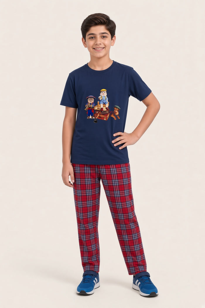 Boys Premium Navy Blue Printed  Cotton T-Shirt & Red Check Woven Cotton Trouser Set