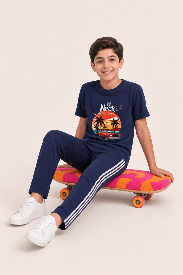 Boys Premium Navy Blue Printed Single Jersey Cotton T-Shirt & Trouser Set