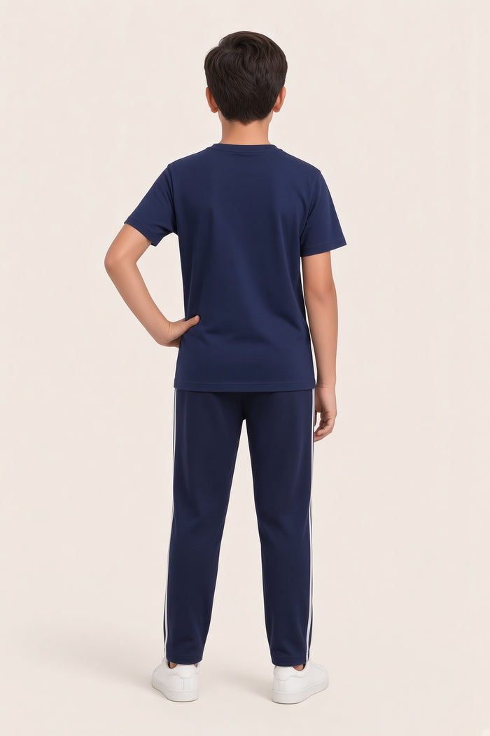 Boys Premium Navy Blue Printed Single Jersey Cotton T-Shirt & Trouser Set