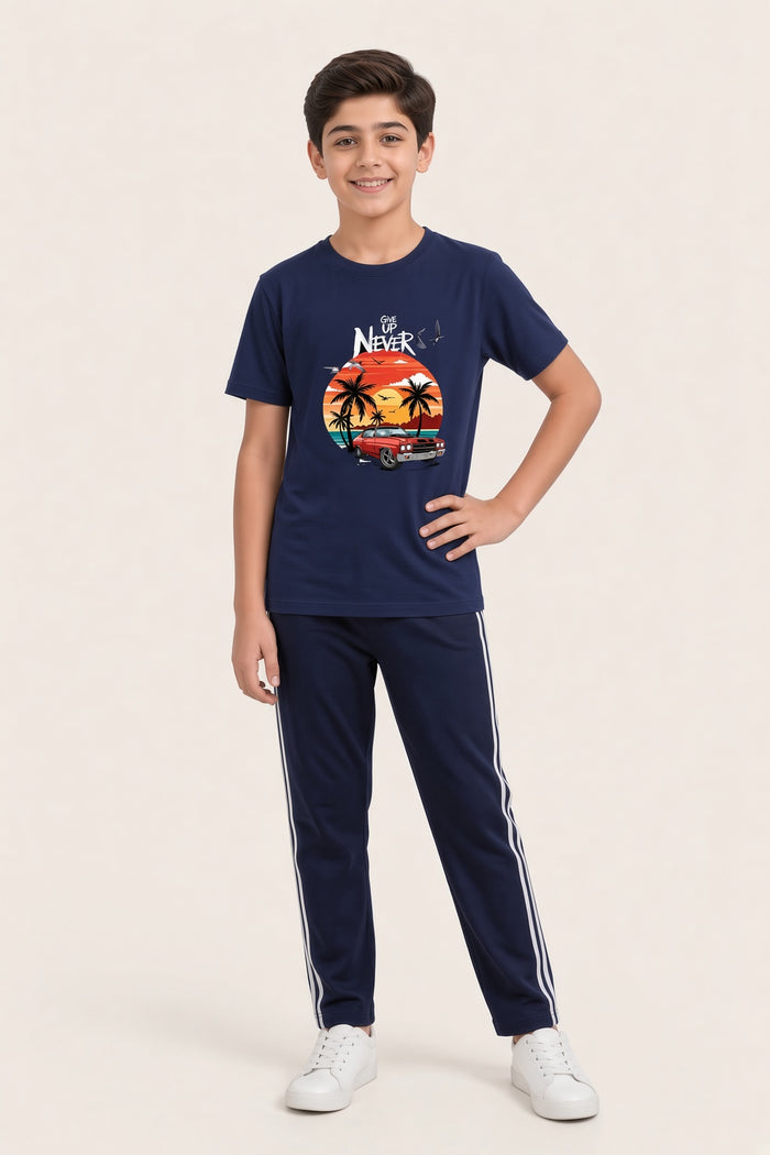 Boys Premium Navy Blue Printed Single Jersey Cotton T-Shirt & Trouser Set