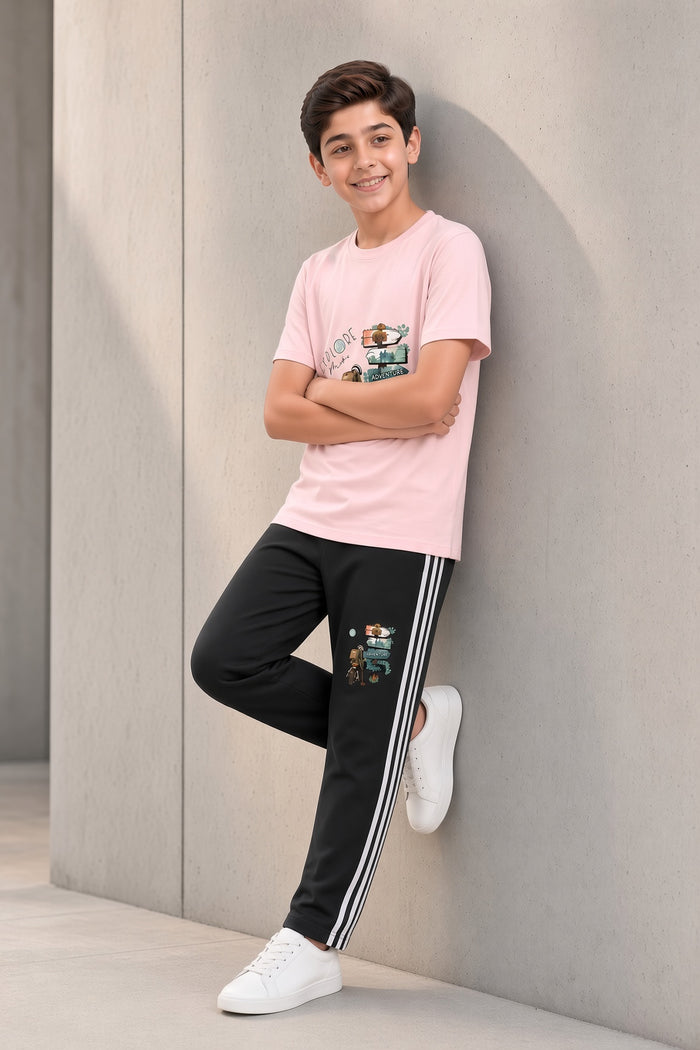 Boys Premium Pink Printed Single Jersey Cotton T-Shirt & Black Trouser Set (Explore)