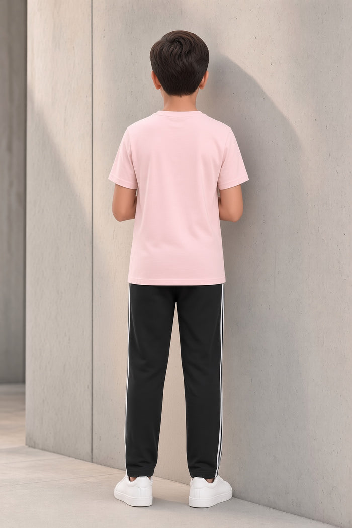 Boys Premium Pink Printed Single Jersey Cotton T-Shirt & Black Trouser Set (Explore)