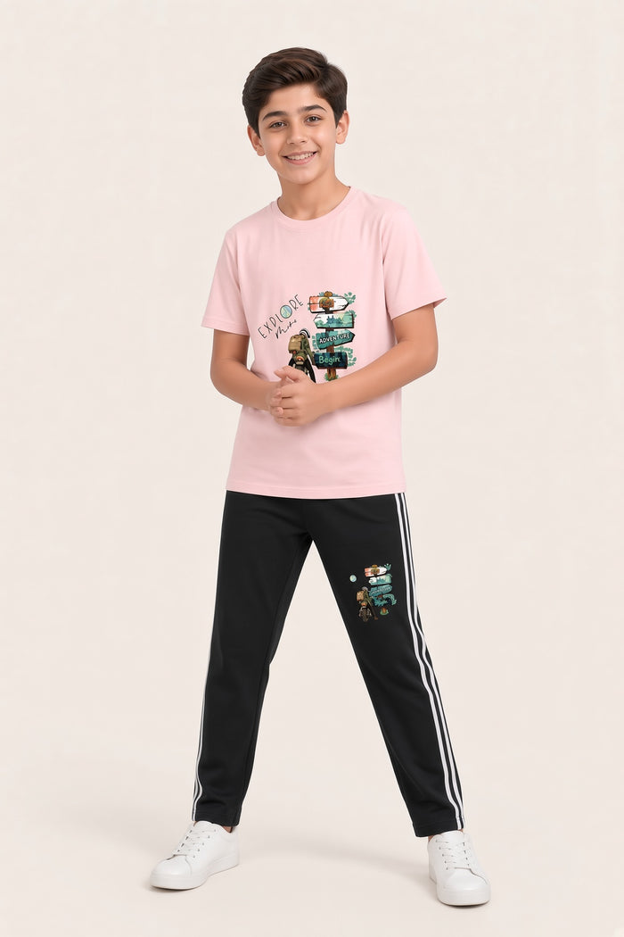 Boys Premium Pink Printed Single Jersey Cotton T-Shirt & Black Trouser Set (Explore)