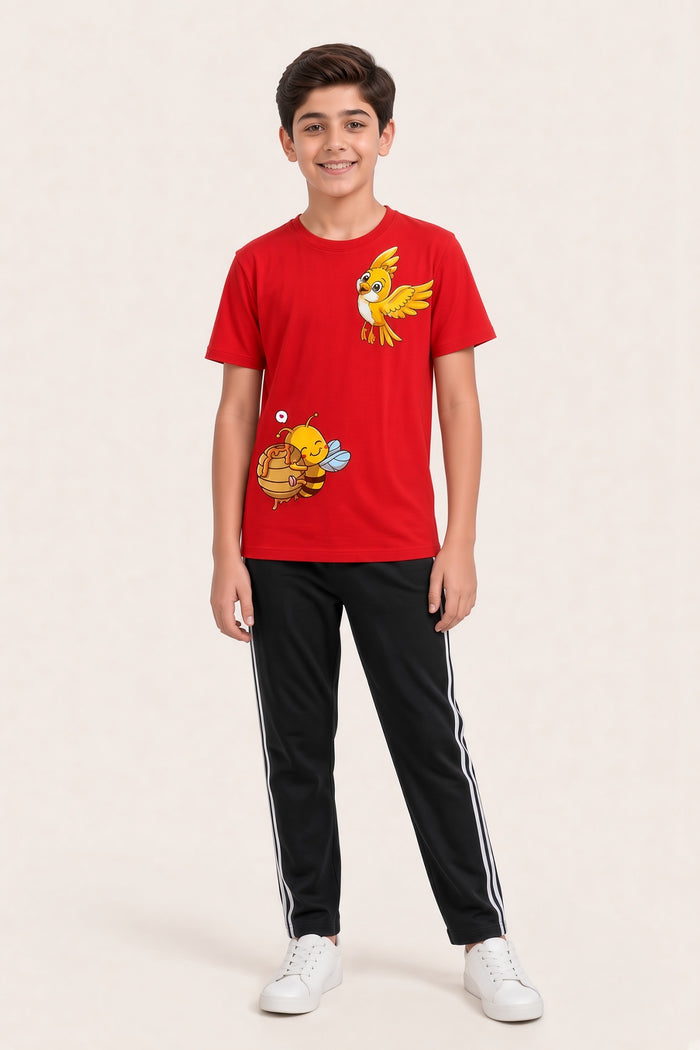 Boys Premium Red Printed Single Jersey Cotton T-Shirt & Black Trouser Set