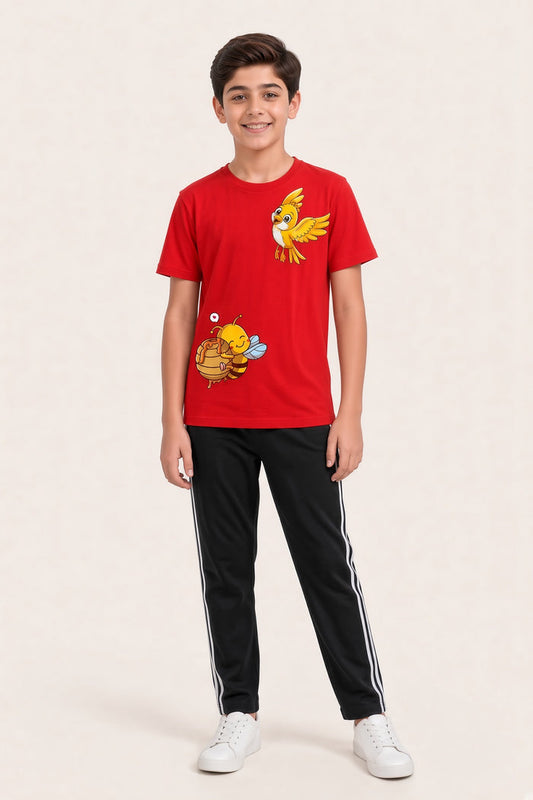 Boys Premium Red Printed Single Jersey Cotton T-Shirt & Black Trouser Set
