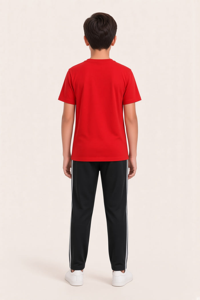 Boys Premium Red Printed Single Jersey Cotton T-Shirt & Black Trouser Set