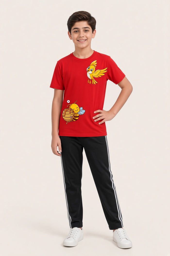 Boys Premium Red Printed Single Jersey Cotton T-Shirt & Black Trouser Set
