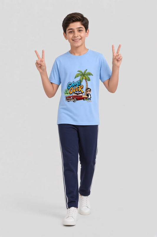 Boys Premium Sky Blue Printed Single Jersey Cotton T-Shirt & Navy Blue Trouser Set