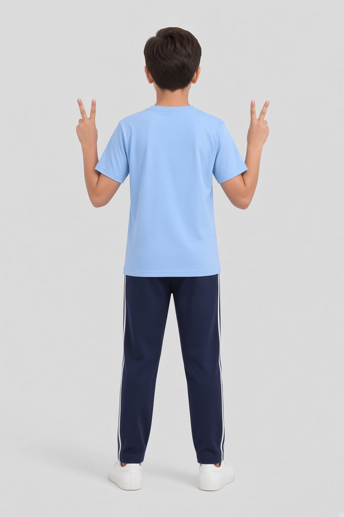 Boys Premium Sky Blue Printed Single Jersey Cotton T-Shirt & Navy Blue Trouser Set