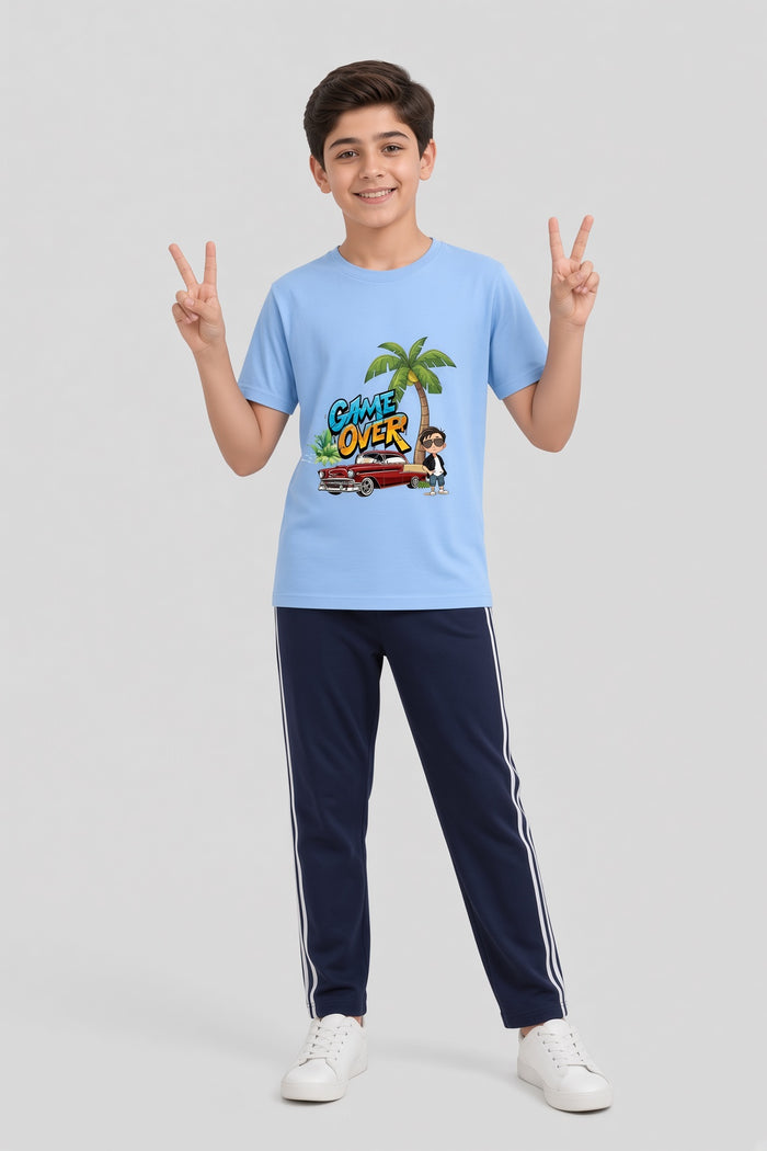 Boys Premium Sky Blue Printed Single Jersey Cotton T-Shirt & Navy Blue Trouser Set