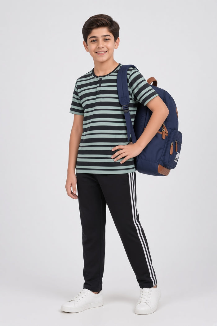 Boys Premium Striped Henley Single Jersey Cotton Shirt & Black Trouser Set